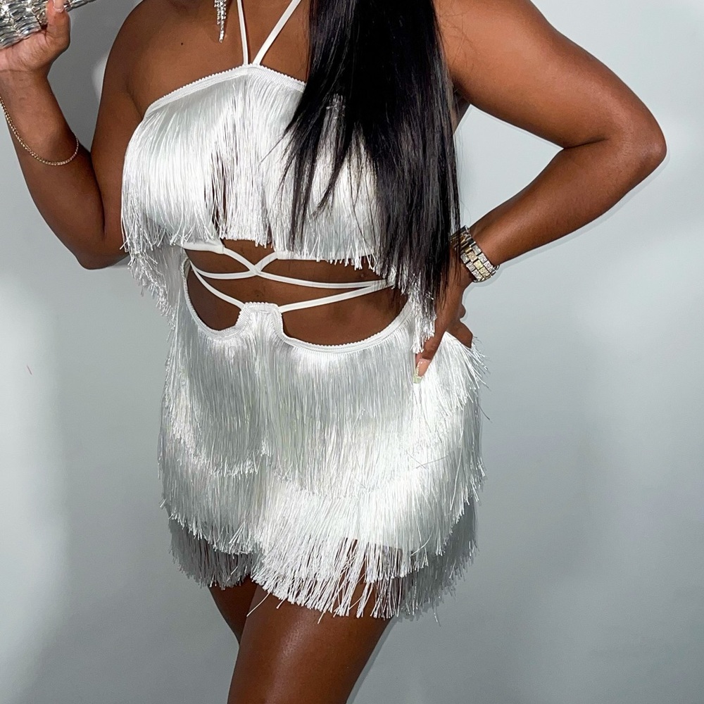 White fringe mini dress